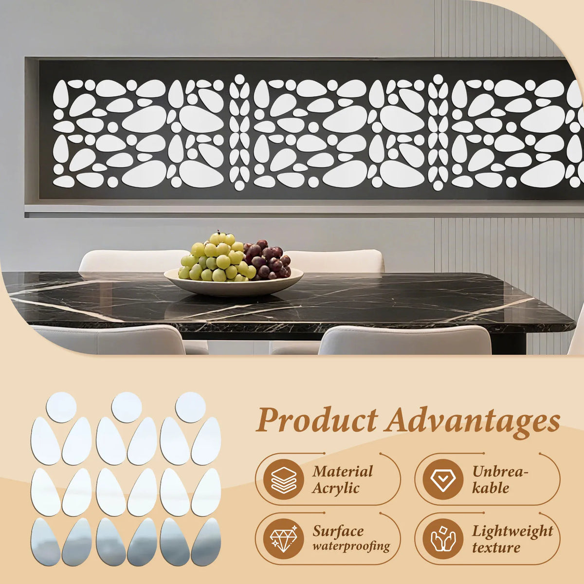 60Pcs Pebble Acrylic Mirror Wall Stickers – Self-Adhesive Tiles Mirror Wall Stickers Nixie