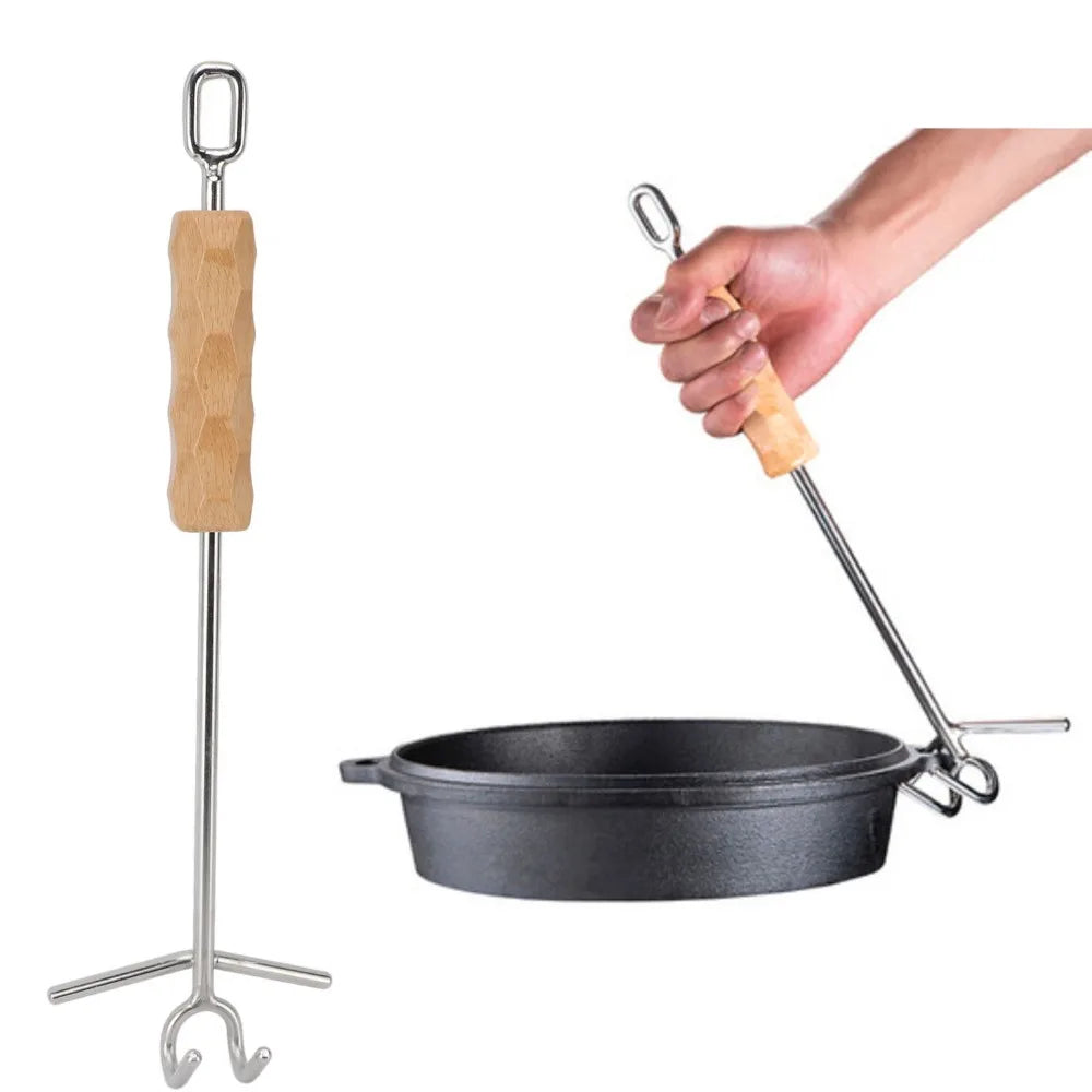 Dutch Oven Lid Lifter – Stainless Steel Double Hook Wooden Grip