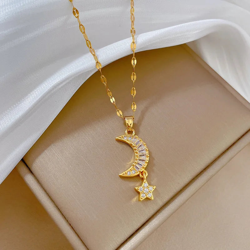 Star Moon Gold Pendant Necklace | Women's Collarbone Chain Pendant Necklace Nixie