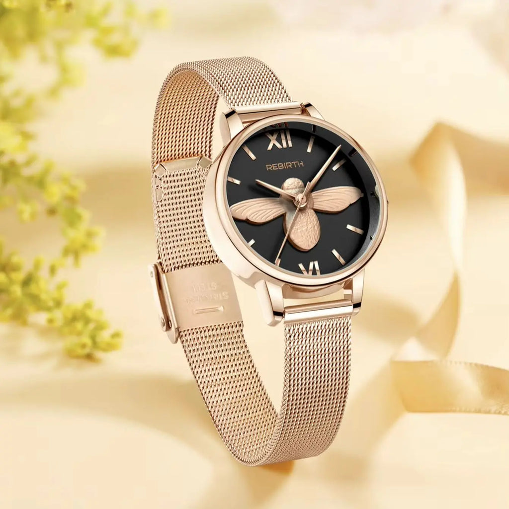 Rose Gold Mesh Women's Watch – Embossed Bee Quartz Dial Women's Wristwatch Nixie
