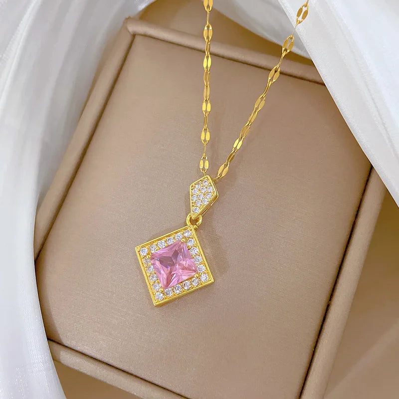 Diamond Shape Zircon Pendant Necklace | Gold Stainless Steel Pendant Necklace Nixie