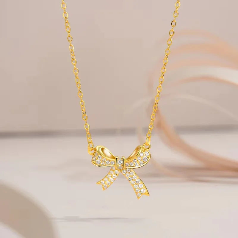 Butterfly Knot Pendant Necklace | Gold Zircon Clavicle Chain Pendant Necklace Nixie