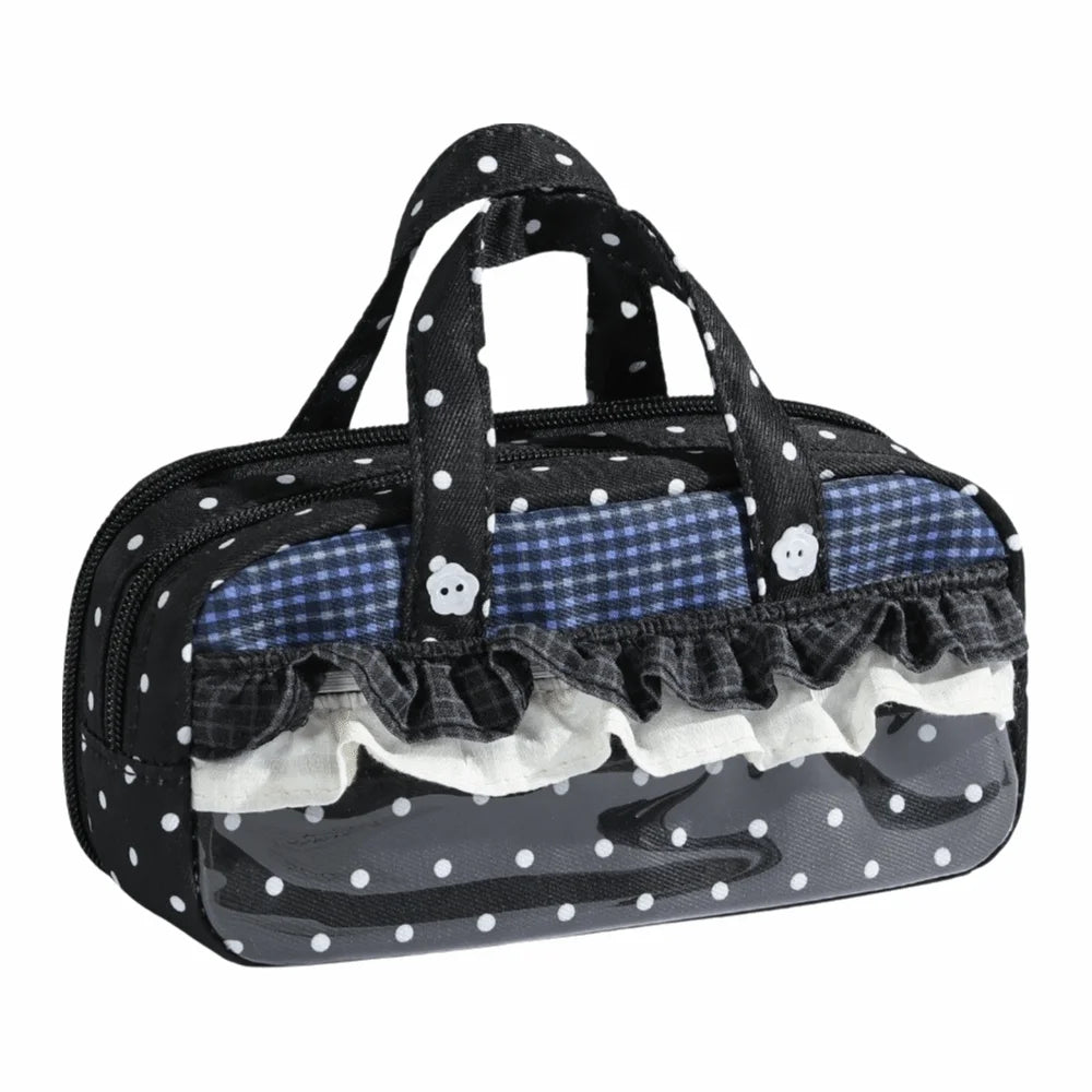 Ruffle Lace Polka Dot Pencil Case | 4-Layer Pen Bag Clear Window
