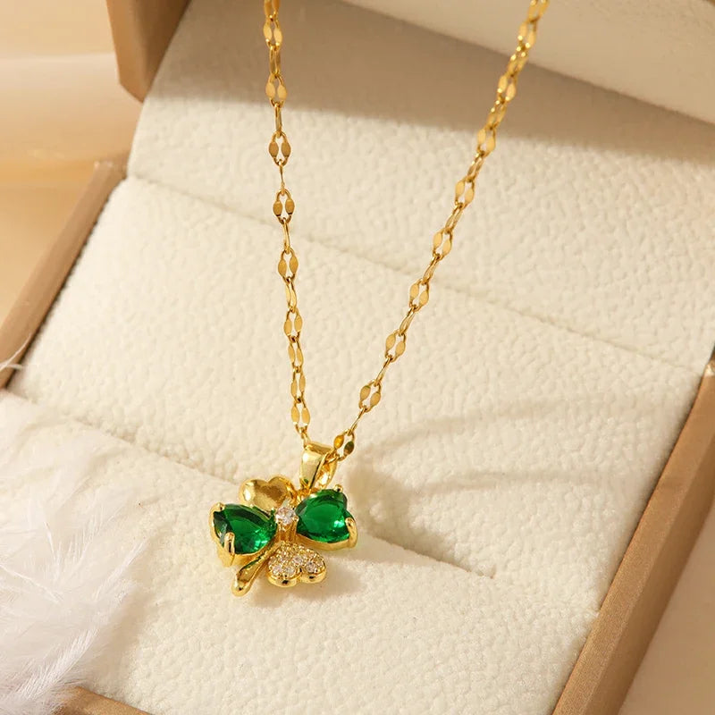 Green Gold Plated Copper Pendant Stainless Steel Necklace