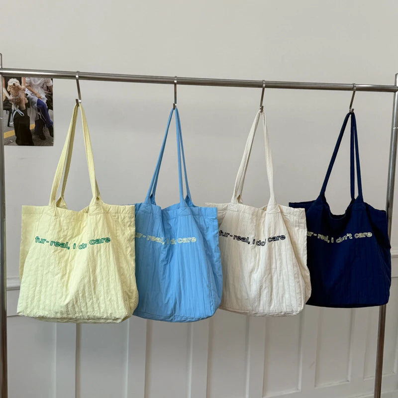 Pleated Letter Embroidery Tote Bag – Large Capacity Shoulder Bag Embroidery Tote Bag Nixie