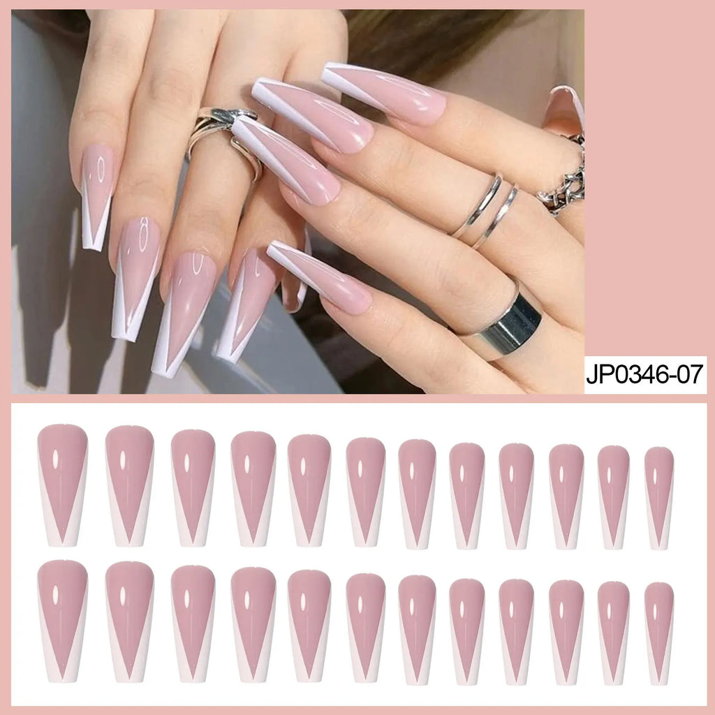 French V-Shape Press On Nails with Rhinestones – 24pcs Ballet