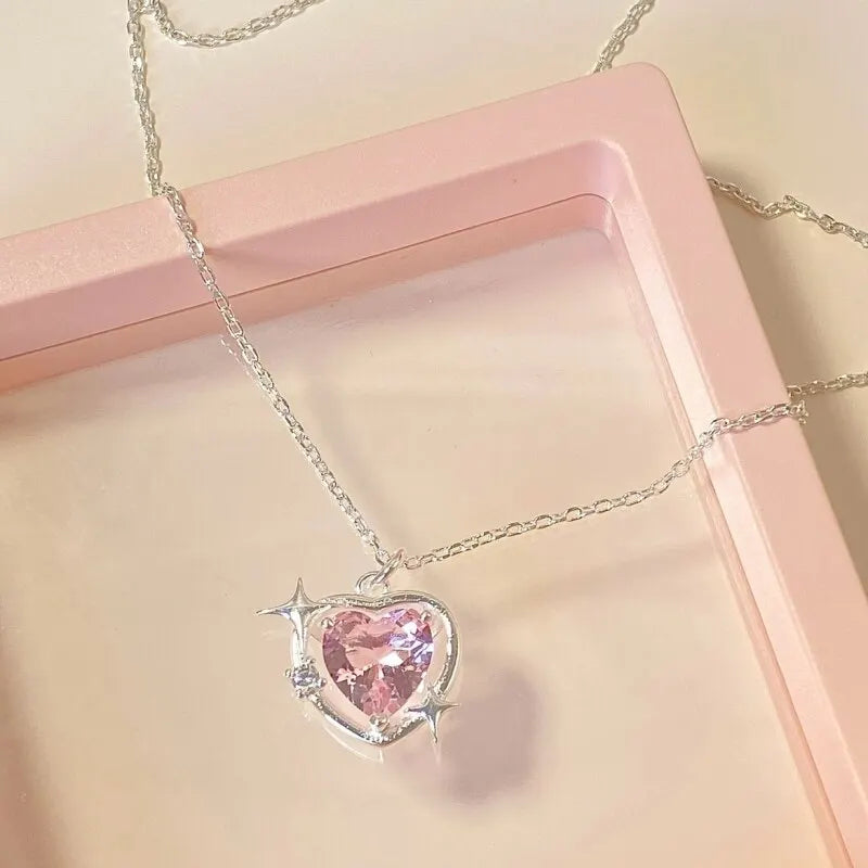 Silver-Plated Pink Heart Pendant Necklace for Women Heart Pendant Necklace Nixie