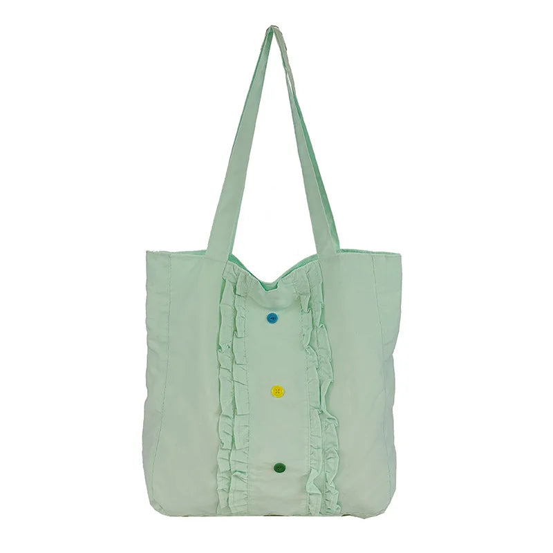 Women's Large Canvas Tote Bag – Lace Trim, Button Detail Canvas Shoulder Tote Nixie Green