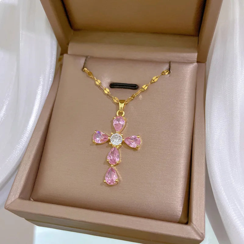 Women's Gold Cross Pendant Necklace – Stainless Steel & Zircon Cross Pendant Necklace Nixie