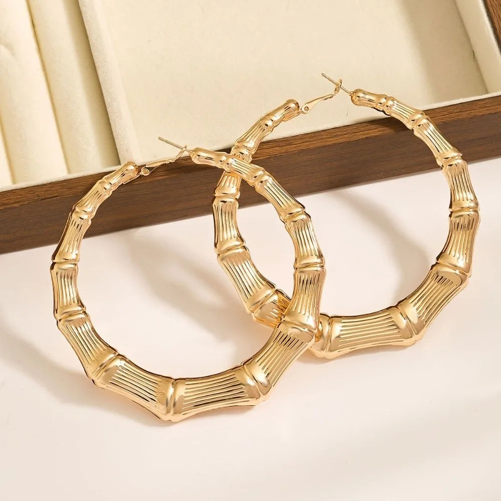 Gold Bamboo Hoop Drop Earrings – Geometric Hollow Punk Dangle Hoop Drop Earrings Nixie