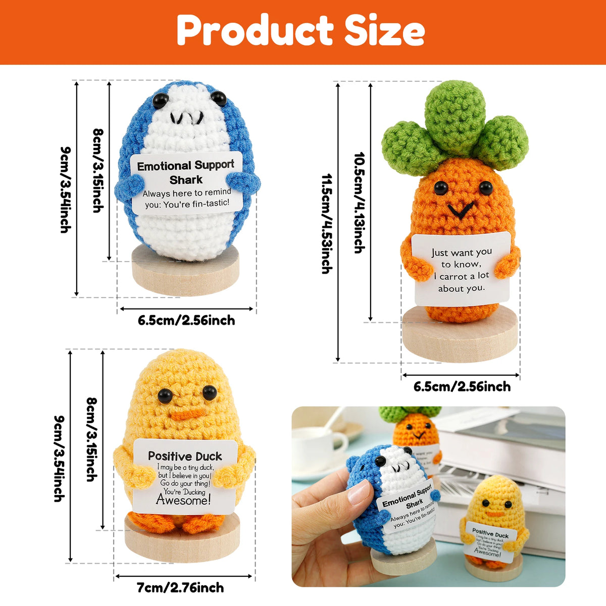 3 Handmade Crochet Animal Dolls with Motivational Cards & Wood Bases Crochet Decorative Dolls Nixie