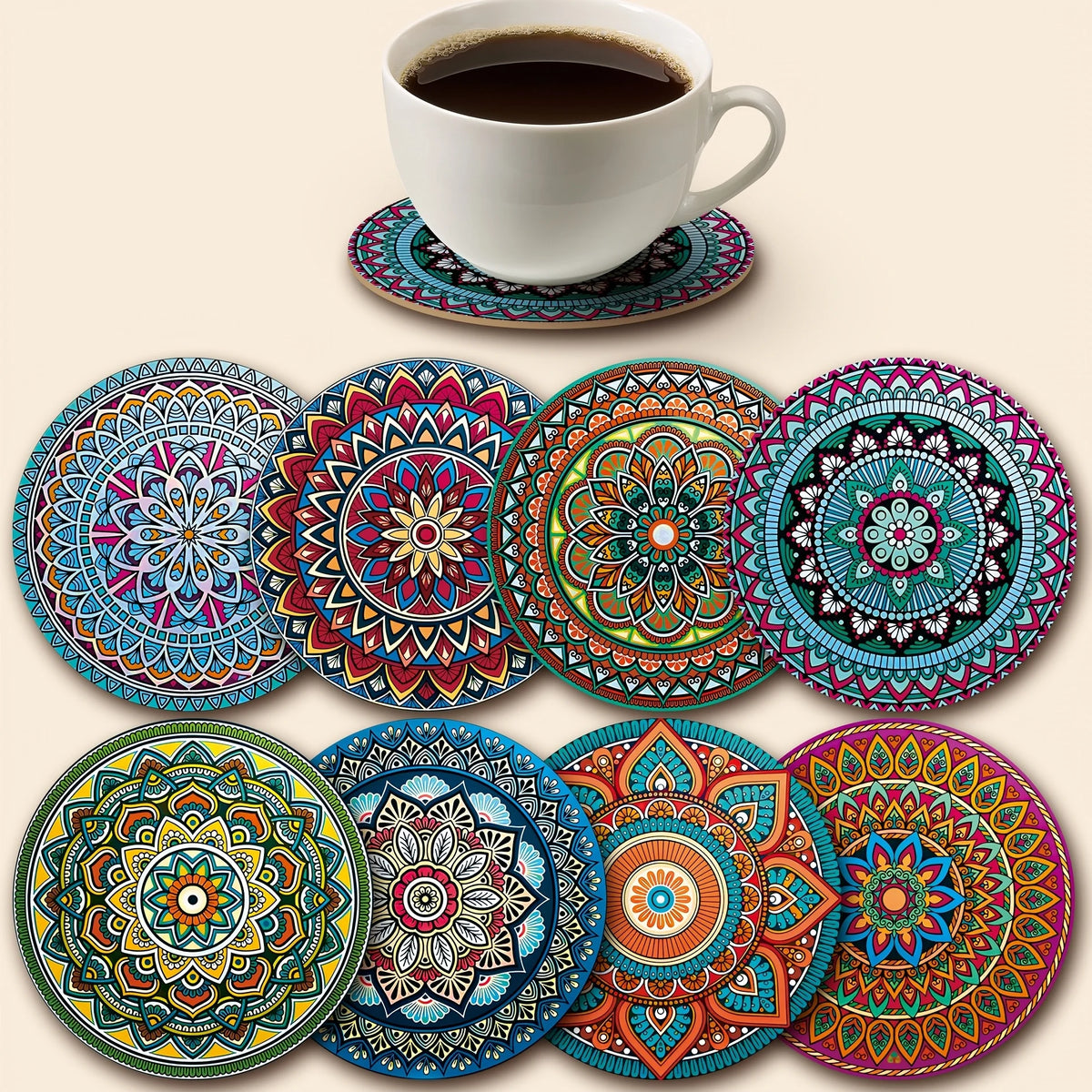 8-Piece Wooden Mandala Coasters Set – Home, Bar & Office Decor Decorative Coaster Set Nixie 8CPS