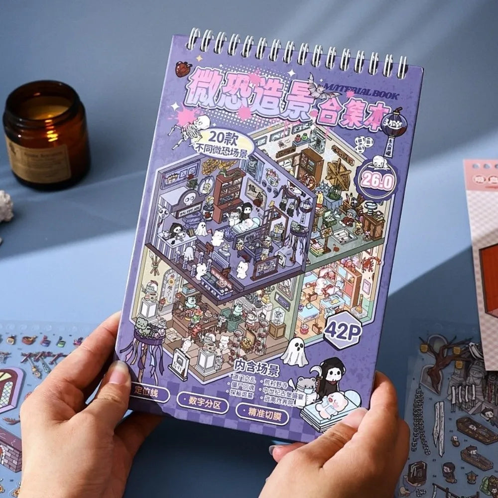 Spooky Miniature Scene Sticker Book – 20 3D PET Haunted Stickers Craft Sticker Book Nixie