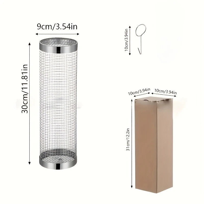 2pc Stainless Steel Rolling Grill Basket Set | BBQ Cylinder Mesh BBQ Grill Basket Nixie Cage plus hook