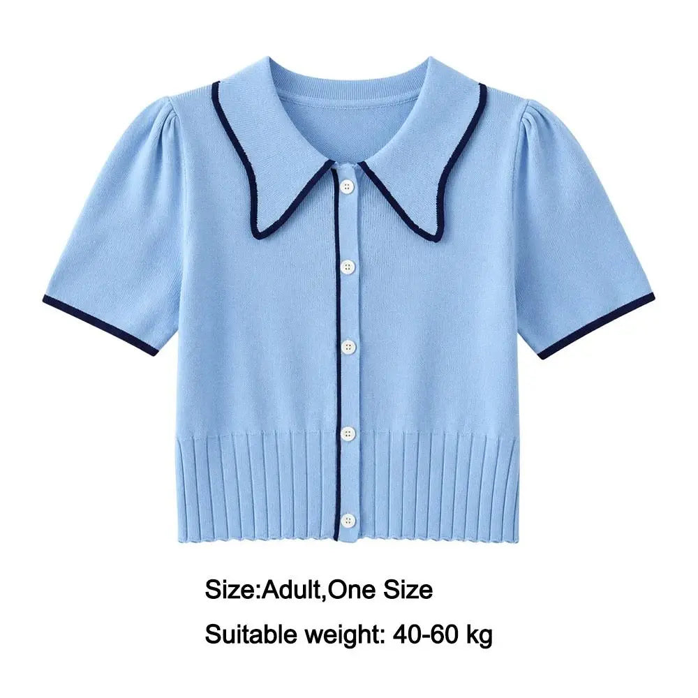 Women's Knitted Crop Top Lapel Collar Slim Fit Summer T-Shirt Knitted Crop Top Nixie