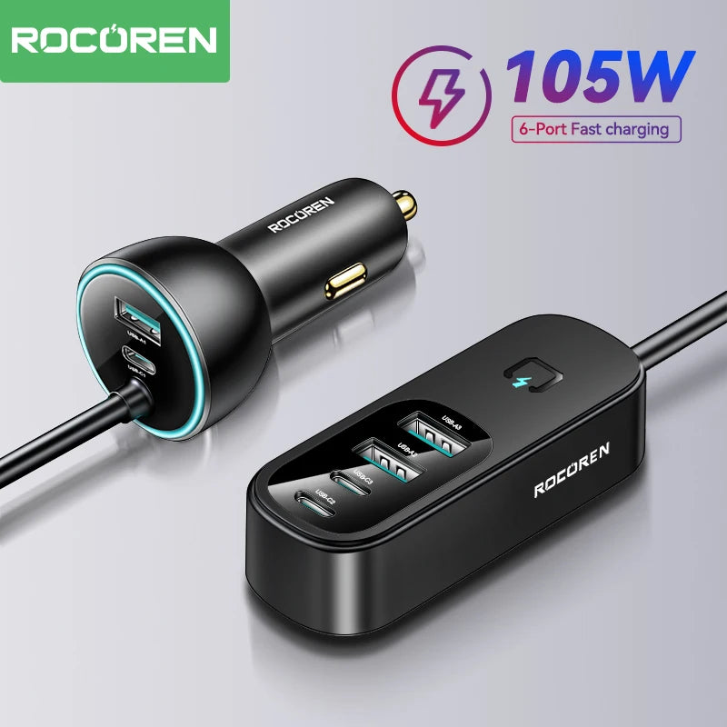 Rocoren 105W 6-Port Car Charger USB-C & USB-A Fast Charging Car Charger Nixie