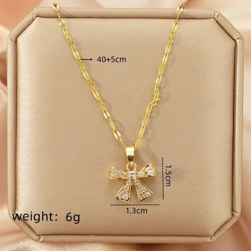 Zircon Bowknot Pendant Necklace | Gold Stainless Steel Chain Pendant Necklace Nixie