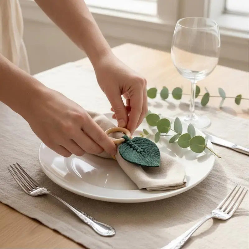 Boho Macrame Tassel Napkin Rings – Wood Leaf Table Decor