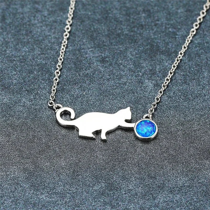 Blue Opal Cat Pendant Necklace – Silver Chain Women's Jewelry Pendant Necklace Nixie