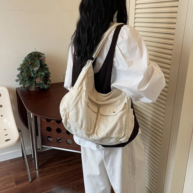 Japanese Vintage Canvas Tote Bag – Multi-Pocket Shoulder Bag Canvas Tote Bag Nixie