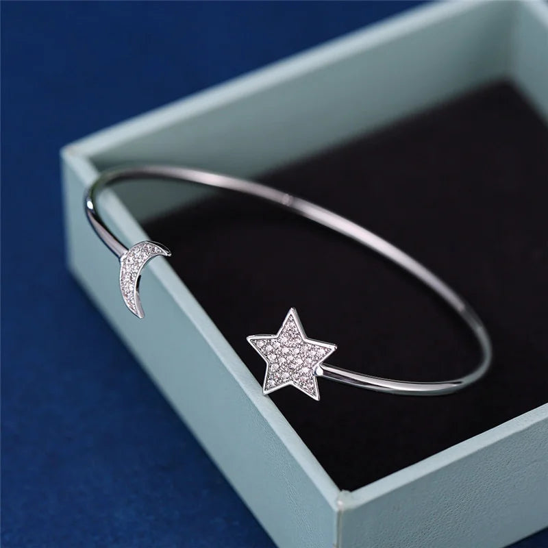 White Crystal Star Moon Adjustable Charm Bracelet | Silver