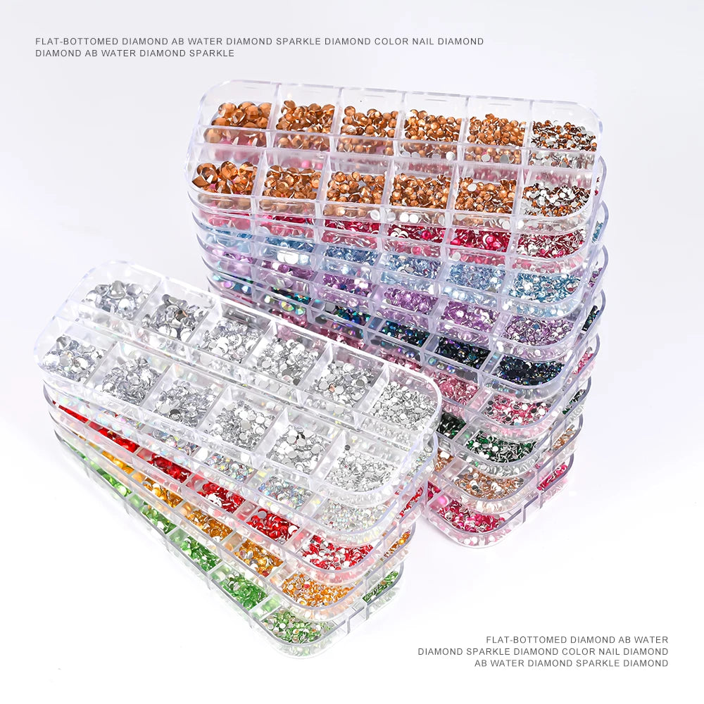 Champagne Crystal Nail Rhinestones 12-Grid SS4-SS16 Flatback Gems Set Nail Art Rhinestones Nixie