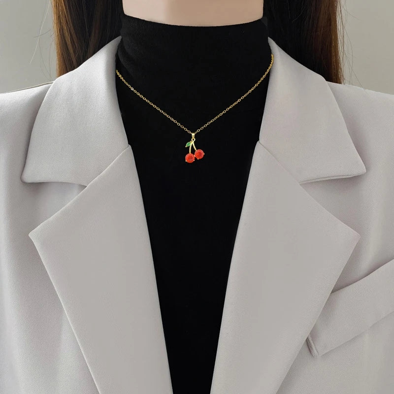 Cherry Pendant Necklace | Gold Stainless Steel Clavicle Chain Pendant Necklace Nixie