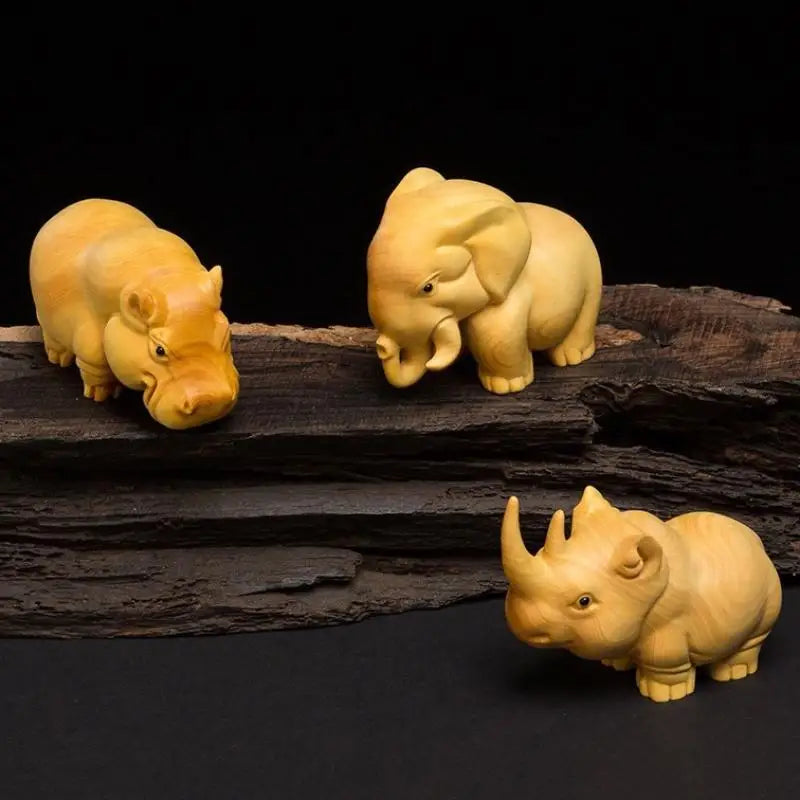 Hand-Carved Rhino Hippo Elephant Figurines – Home Décor Set Animal Figurines Nixie