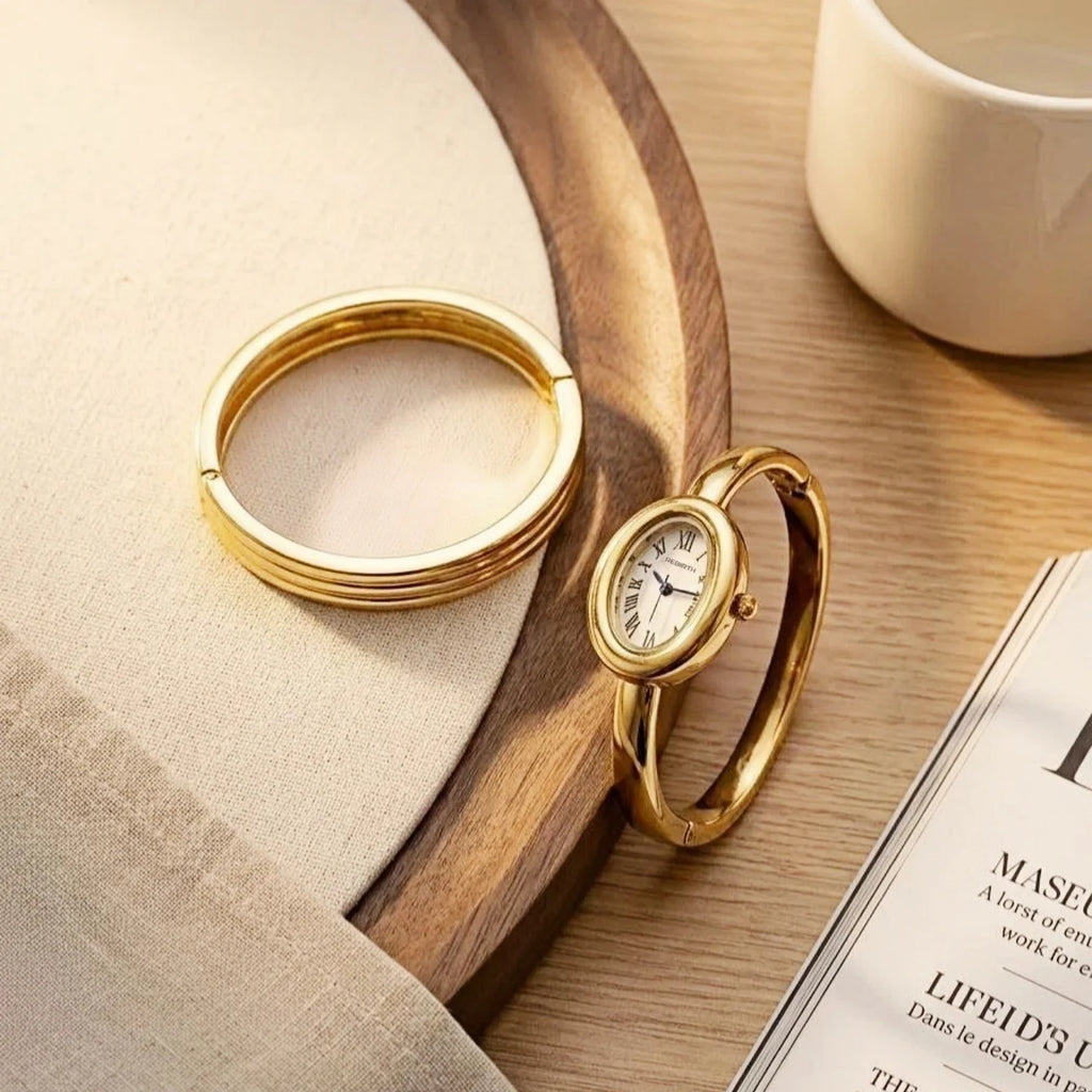 Women's Gold Watch & Bracelet Set – Quartz Roman Numeral Watch & Bracelet Set Nixie