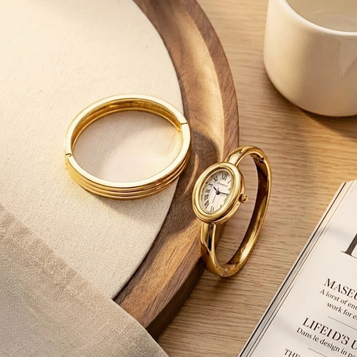 Women's Gold Watch & Bracelet Set – Quartz Roman Numeral