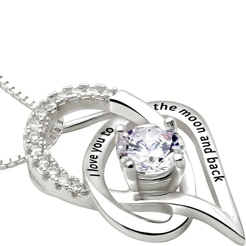 Silver "I Love You to the Moon" Heart CZ Pendant Necklace Pendant Necklace Nixie