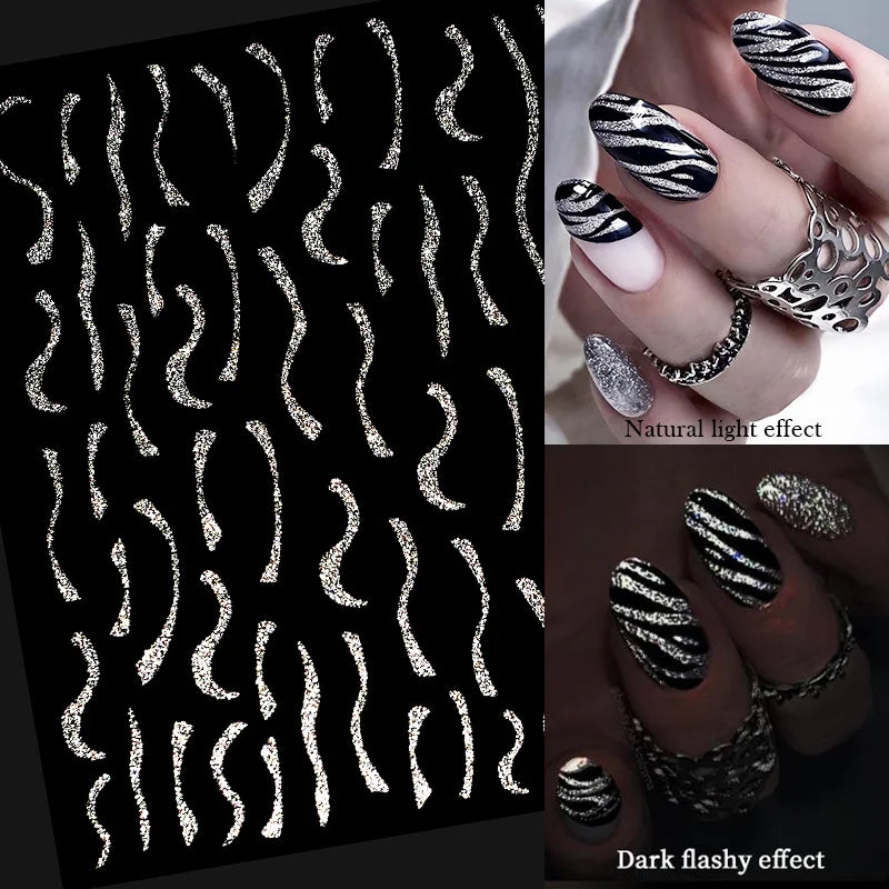 6 Sheet French 3D Nail Decals Reflective Glitter Stripe Stickers Nail Art Stickers Nixie