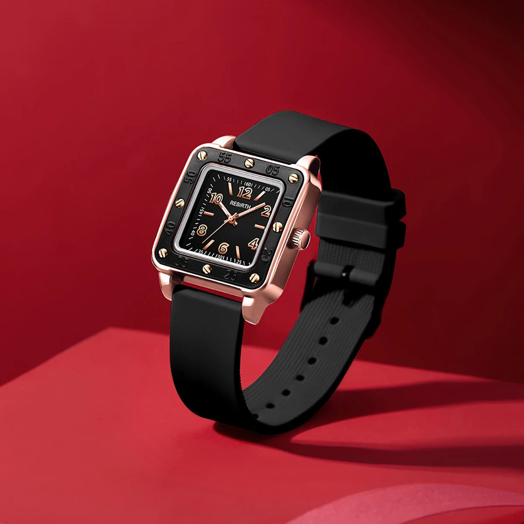 REBIRTH Women's Quartz Watch – Square Dial & Silicone Band Women's Quartz Watch Nixie