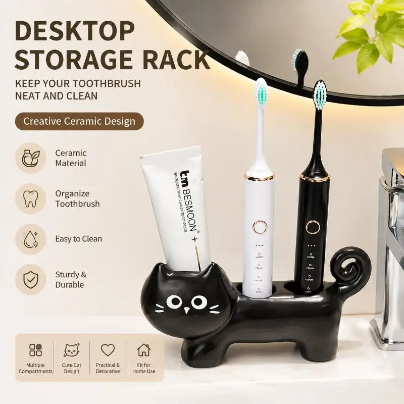 Black Cat Ceramic Toothbrush Holder – 3-Slot Bathroom Organizer Toothbrush Holder Nixie