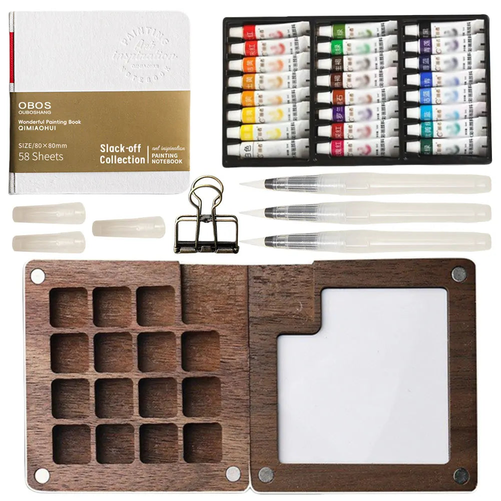 Travel Watercolor Palette Set – Portable Wooden 8/15 Grid Kit Watercolor Paint Set Nixie 15grids 24colors