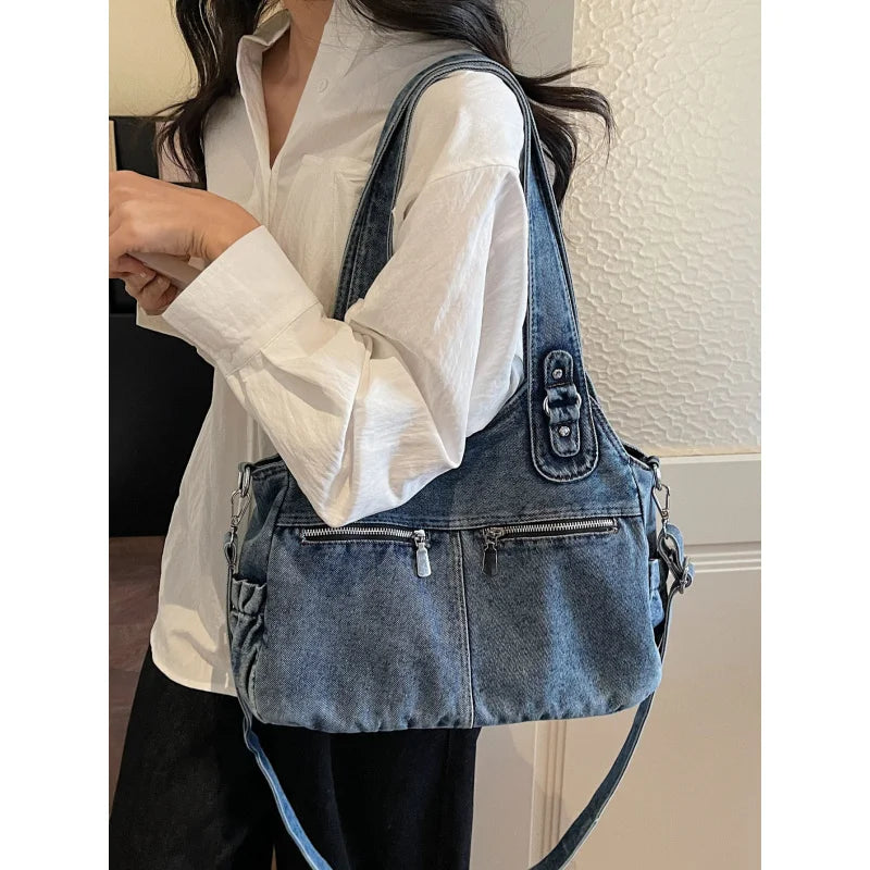 Japanese Vintage Denim Tote Bag – Large Shoulder Handbag Denim Tote Bag Nixie