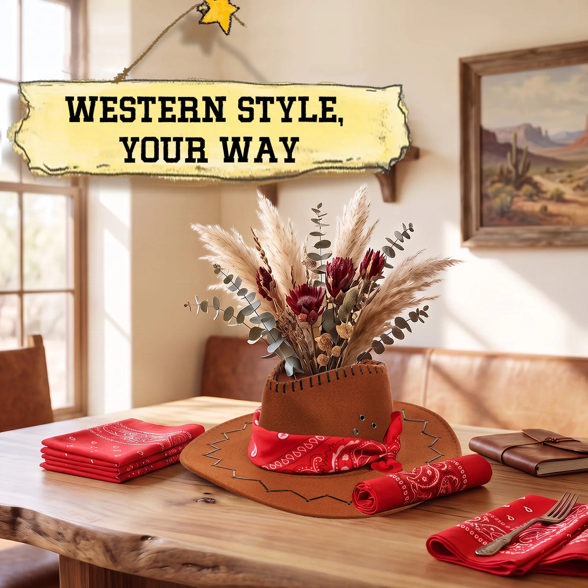 6-Piece Western Cowboy Hat Vase & Bandana Party Decor Set Party Table Centerpiece Nixie
