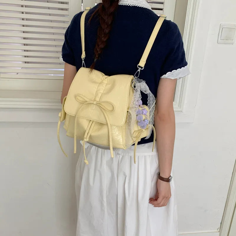 Women's Bow-Tie PU Crossbody Backpack | Multi-Wear Korean Style Crossbody Backpack Nixie Yellow (No Charm)