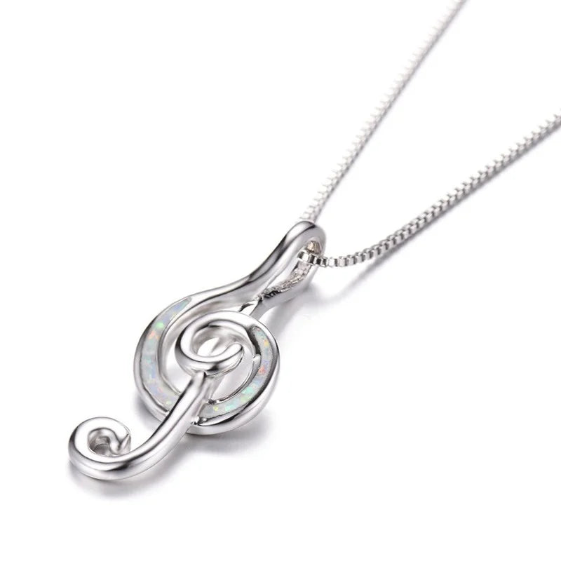 Music Note Opal Pendant Necklace – Silver Blue White Pendant Necklace Nixie Light Yellow Gold Color