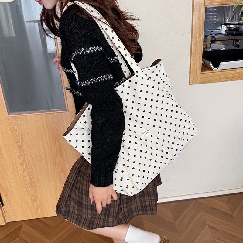 Korean Polka Dot Canvas Shoulder Bag – Large Capacity Tote Canvas Shoulder Bag Nixie