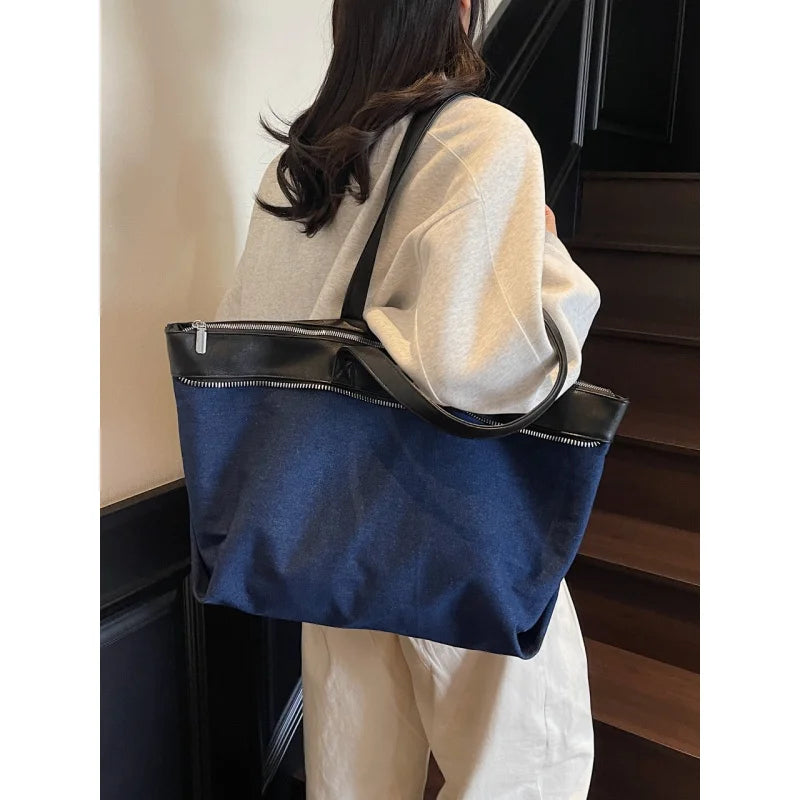 Women's Large Denim Tote Bag – Casual Commuter Shoulder Handbag Denim Tote Bag Nixie