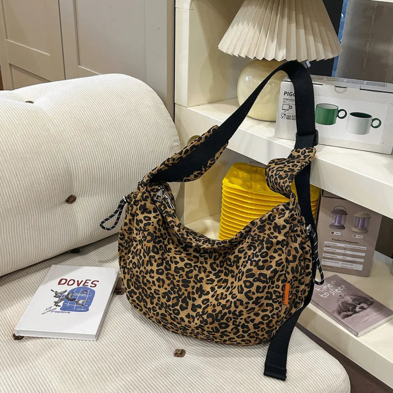 Leopard Print Canvas Shoulder Bag – Women's Casual Hobo