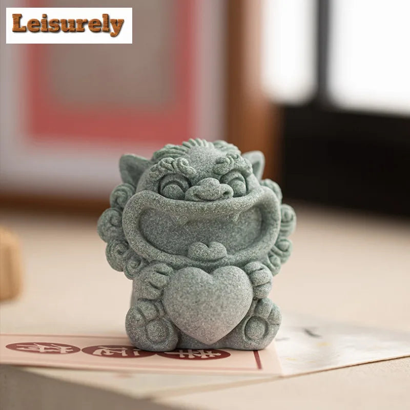 Green Sandstone Lion Tea Pet Ceramic Figurine | Tea Ornament