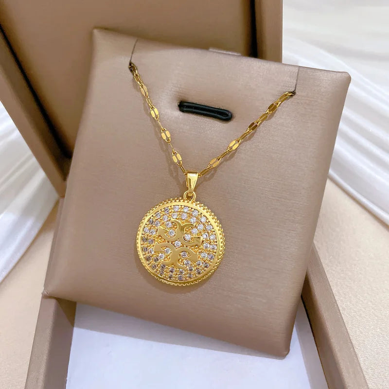 Round Zircon Pendant Choker Necklace | Gold Stainless Steel Pendant Necklace Nixie