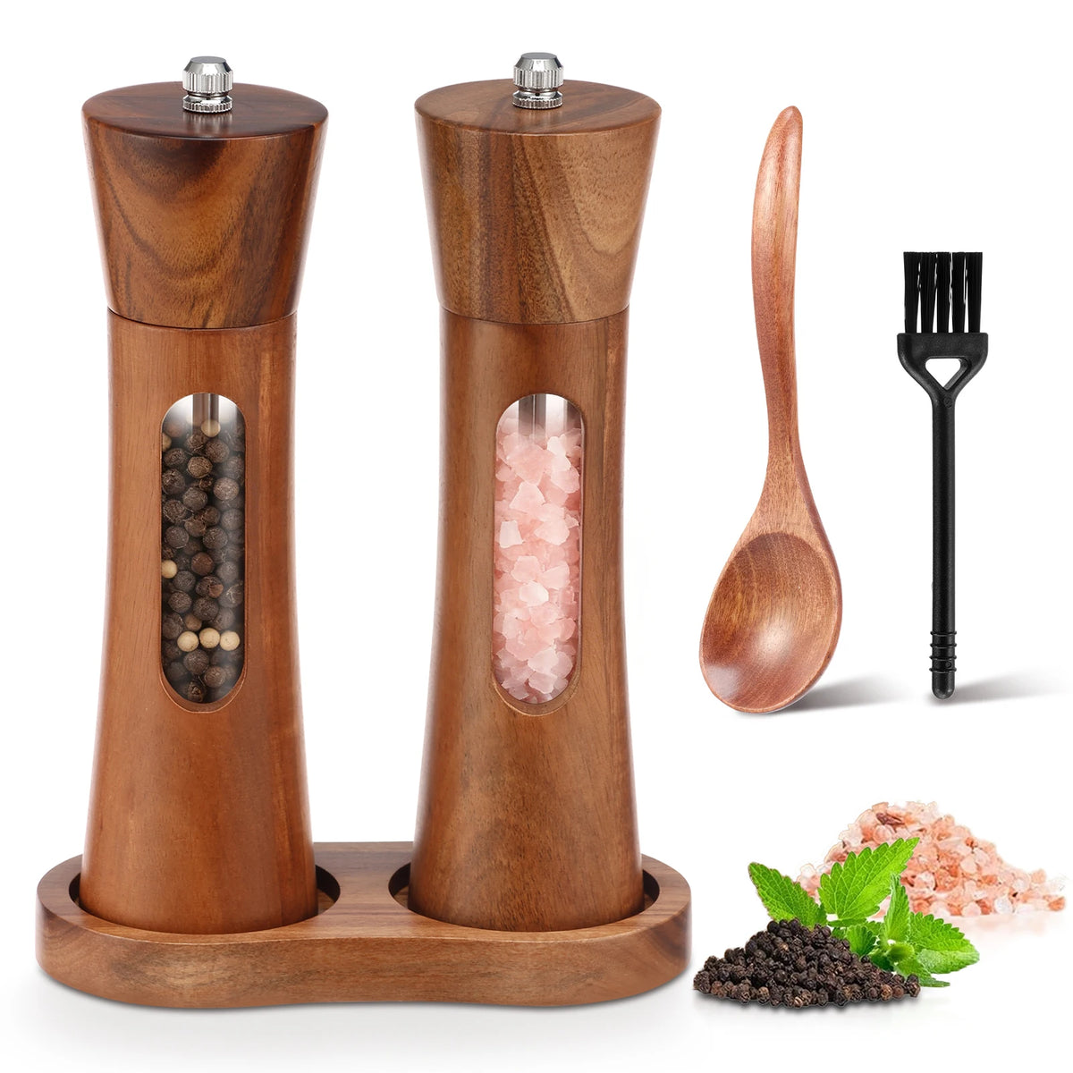 2-Pack Wooden Salt & Pepper Grinder Set with Tray & Spoon Salt & Pepper Mill Set Nixie