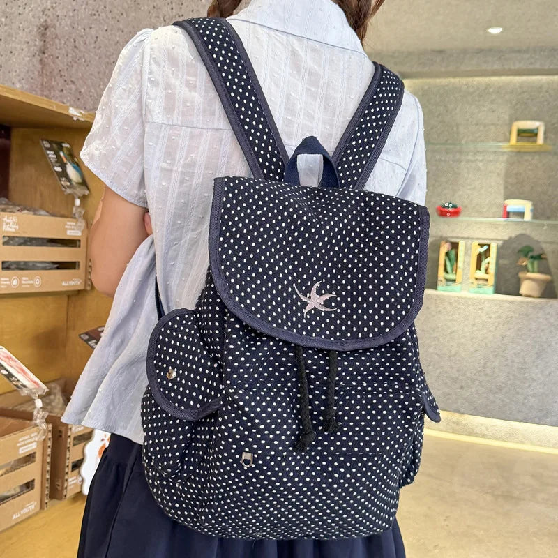 Korean Starfish Embroidered Polka Dot Canvas Backpack Canvas Backpack Nixie
