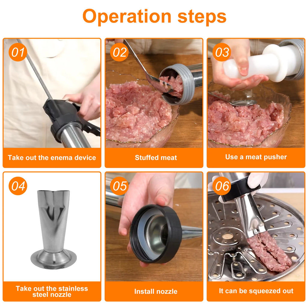 Stainless Steel Sausage Stuffer & Jerky Gun Kit – 5 Nozzles Sausage Stuffer Kit Nixie