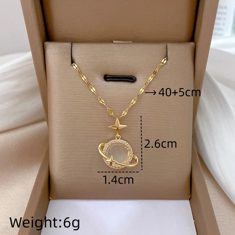 Cat's Eye Moon Pendant Necklace – Stainless Steel Clavicle Chain