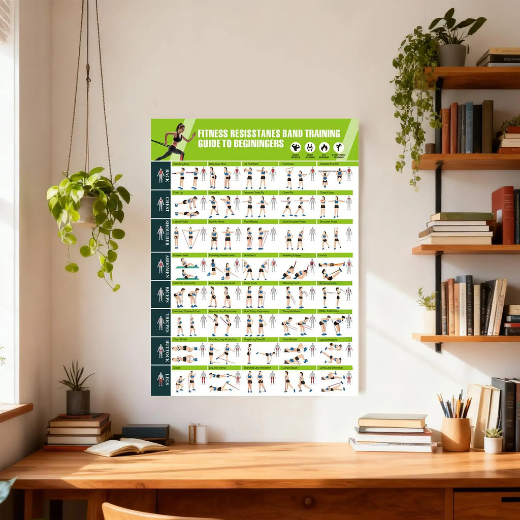 Workout Posters – Resistance Bands & Yoga Exercise Wall Chart Fitness Wall Chart Nixie