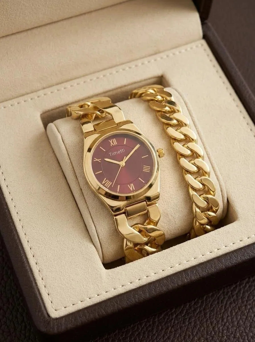 Women's Gold Watch & Bracelet Set | Quartz Roman Numeral